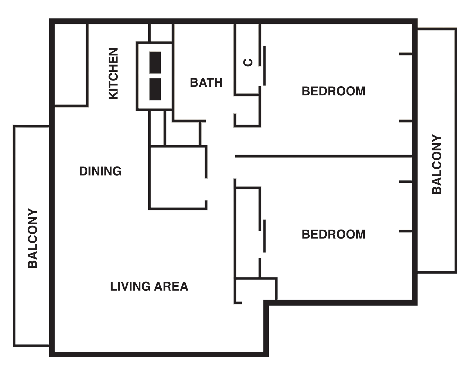 Floor plan for 2 beds, 1 bath, 960 sqft